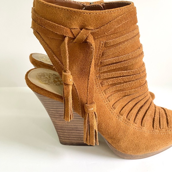 Vince Camuto Janessa Genuine Leather Suede Ankle Wedge Sandals Cognac Brown 7 - Picture 4 of 11